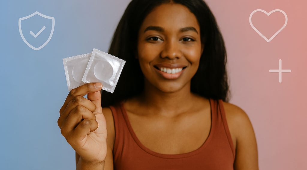 "Mulher demonstrando uso de preservativo para sexo seguro