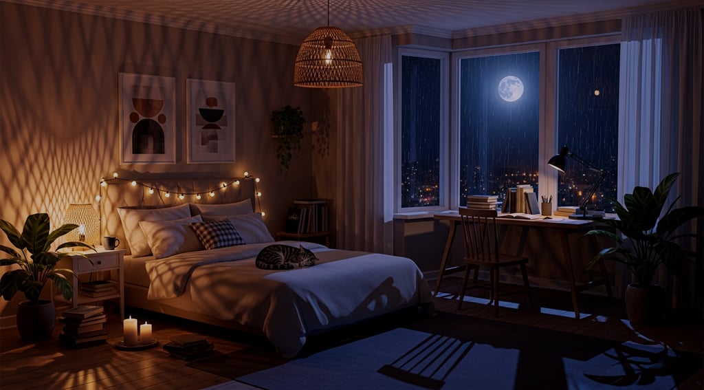 A cozy bedroom in the city. A full moon in the summer rain. Ambience of thunderstorm rain. 