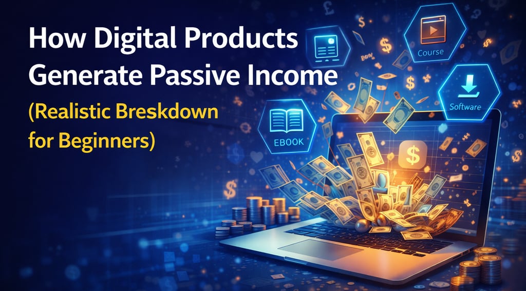 A laptop with money emerging from the screen illustrating how digital products generate passive income.