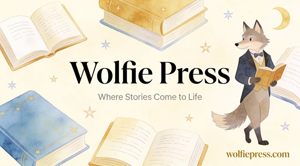 Wolfie Press logo featuring a wolf in a suit reading books with stars and a moon.