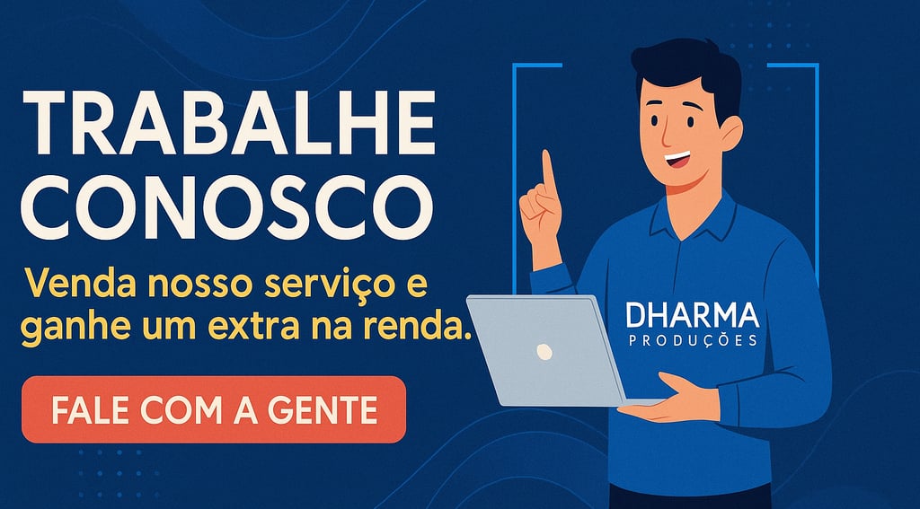 Banner digital horizontal com convite para trabalhar com a Dharma Produções. Fundo em tons vibrantes