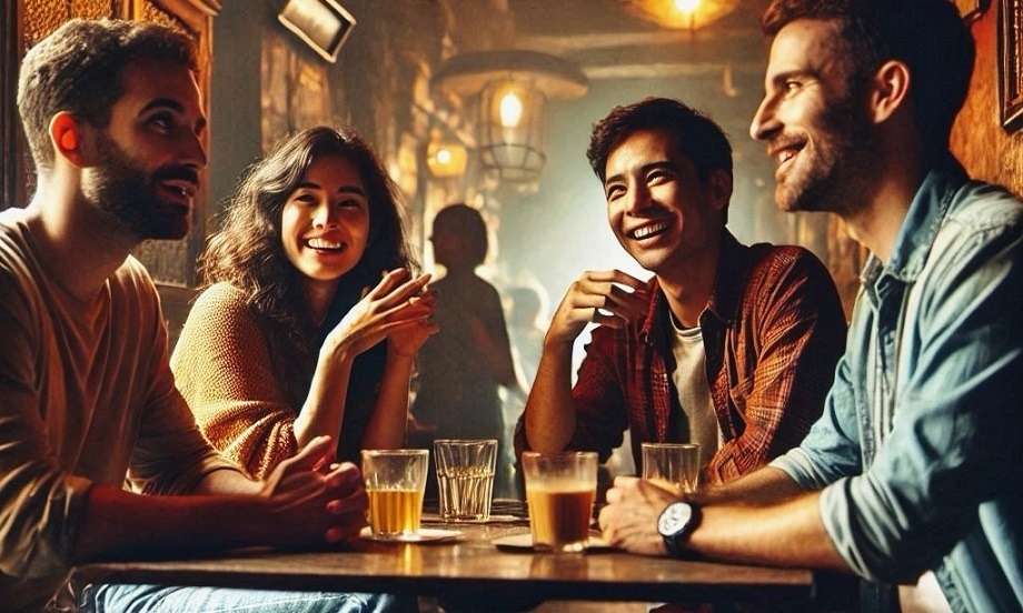 Friends enjoying a conversation at a cozy cafe, radiating positivity and maintaining a supportive and uplifting atmosphere.