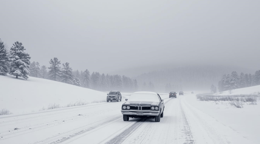 A serene winter landscape in the Southeast, showcasing a heavy snowstorm blanketing pine trees
