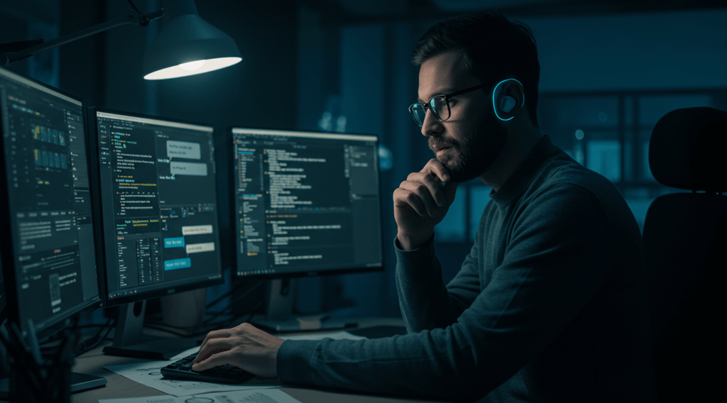 AI Engineer working on prompting using three monitors