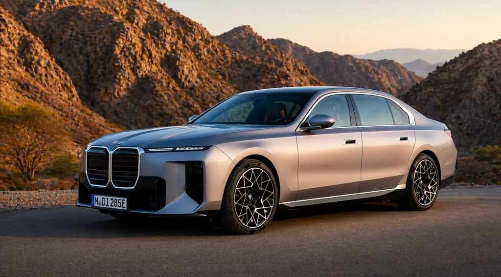 BMW Série 7 2027 parado em estrada de montanha com design imponente e acabamento de luxo