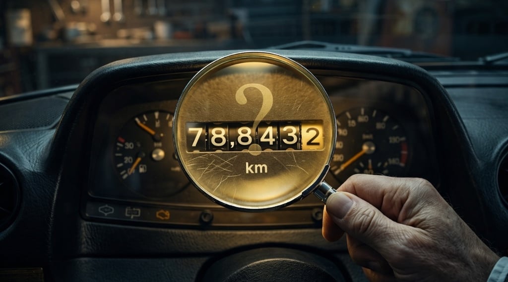 golpe falsa quilometragem em hodômetro de carro sendo analisado com lupa