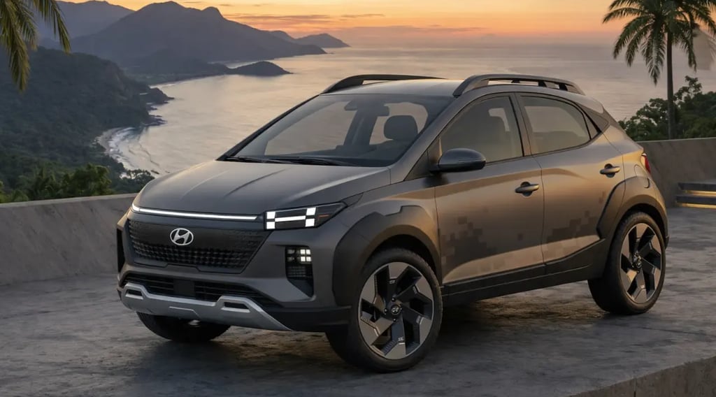 HB20X 2027 conceito com visual futurista inspirado na nova Hyundai Santa Fe em cenário litorâneo