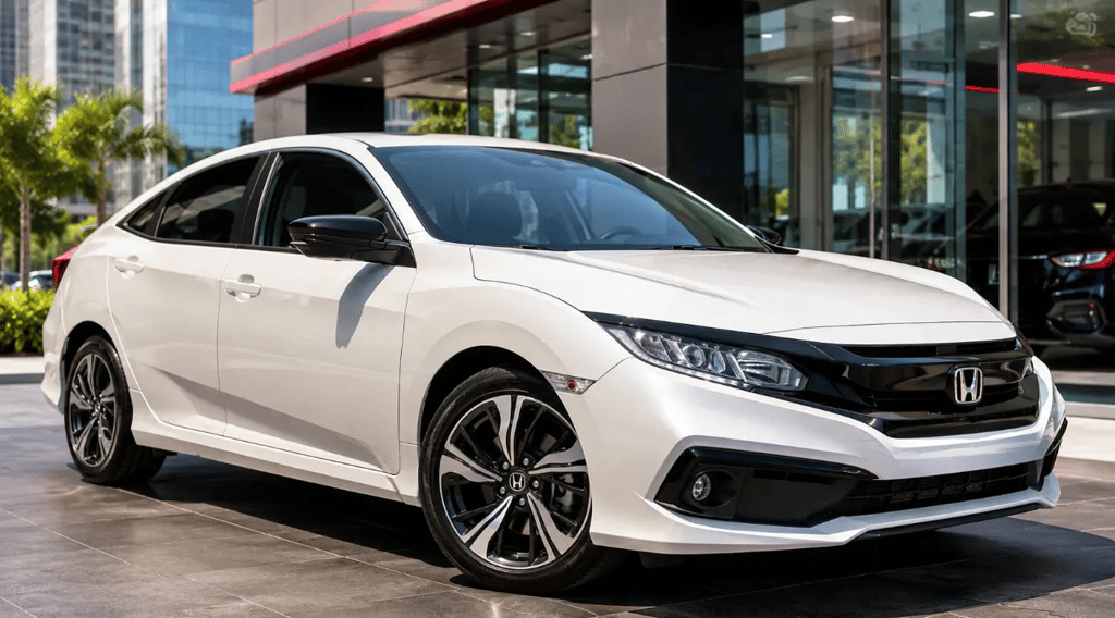 Honda Civic Sport G10 branco exposto em showroom externo urbano moderno