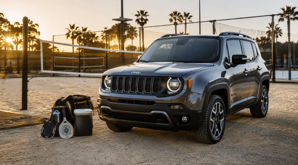 Jeep Renegade estacionado em frente a uma quadra de beach tennis ao amanhecer.