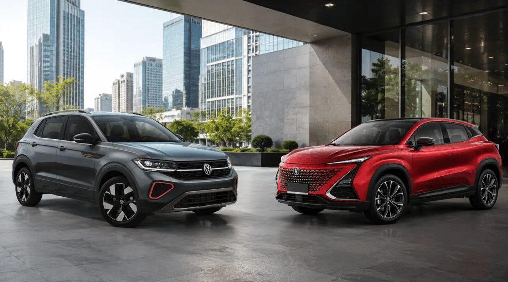 T-Cross Extreme e Uni-T frente a frente em showroom urbano moderno
