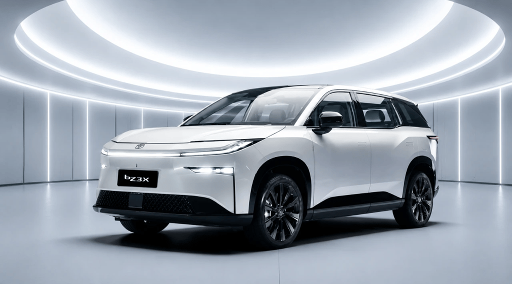 Toyota bZ3X branco em estúdio futurista com iluminação circular moderna.