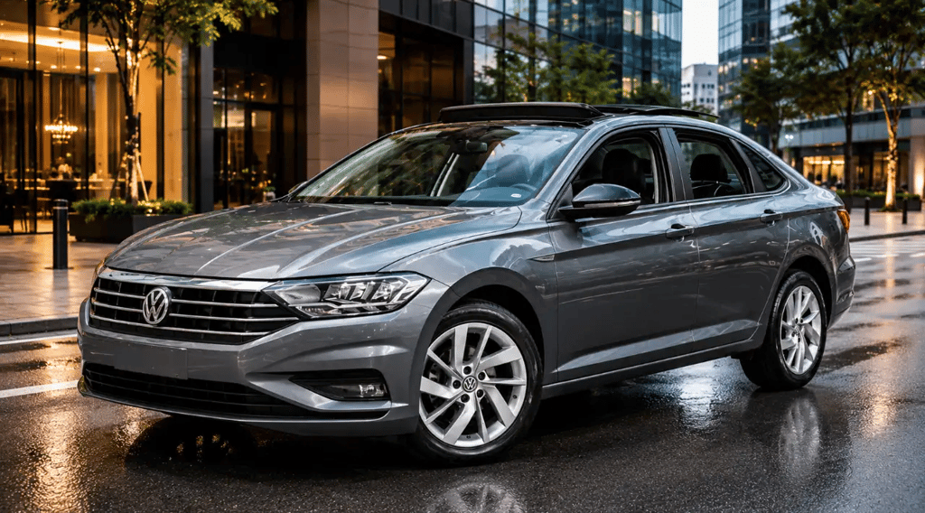 Volkswagen Jetta Comfortline cinza em cenário urbano moderno