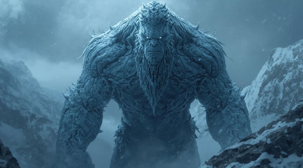 Jotunn di ghiaccio colossale, pelle azzurra screpolata come ghiaccio antico, occhi luminosi blu