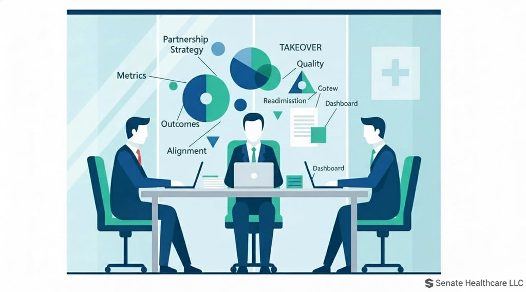 Healthcare professionals in a meeting room discussing partnership strategies with charts and graphs 