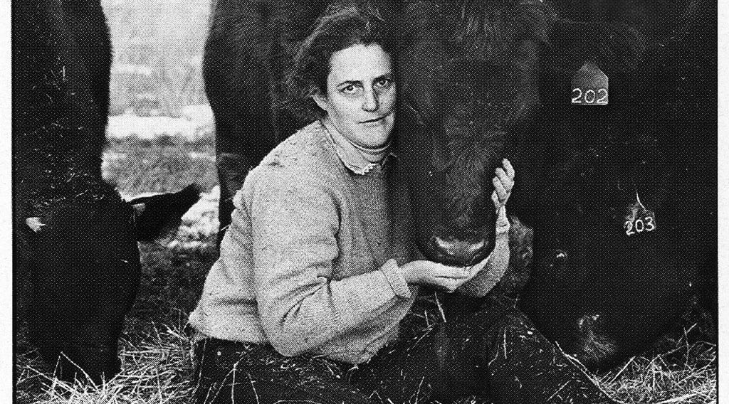fotografía en blanco y negro de Temple Grandin con una vaca