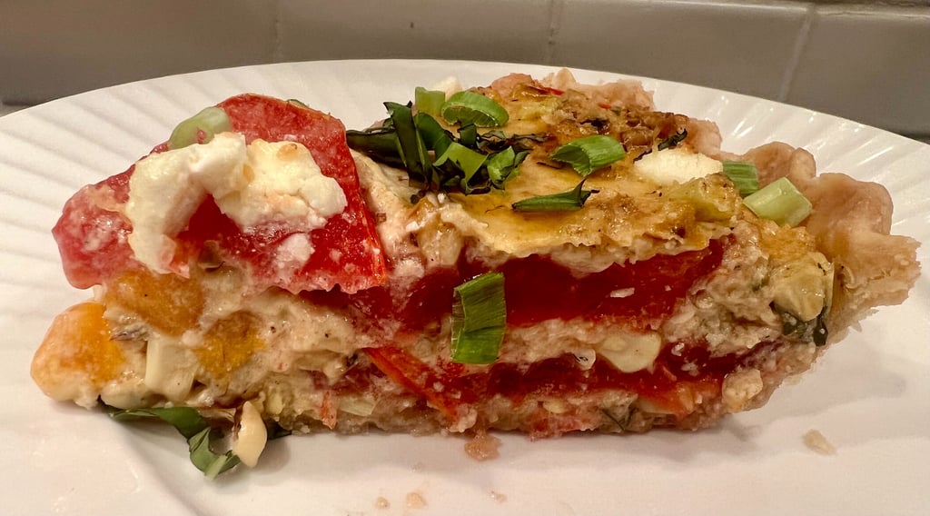 slice of corn, tomato goat cheese pie