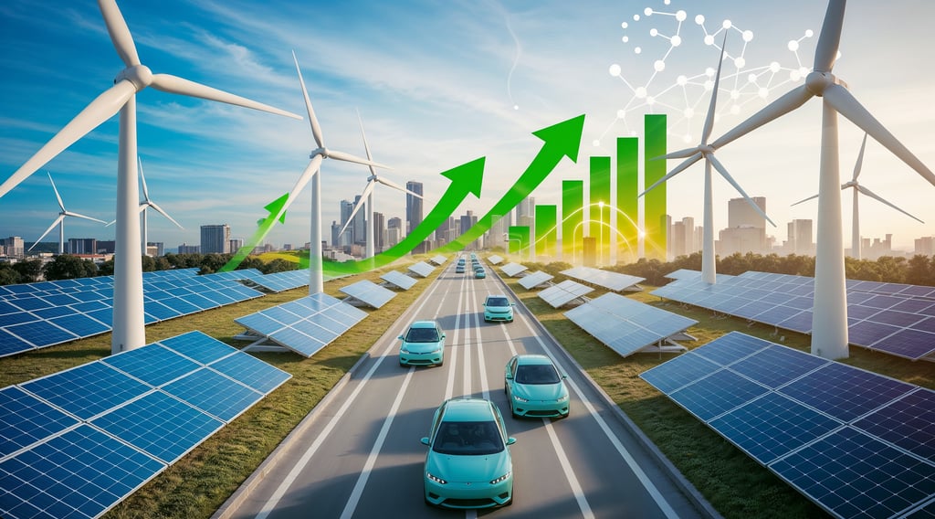 Futuristic city powered by renewable energy with wind turbines, solar panels, and electric vehicles,