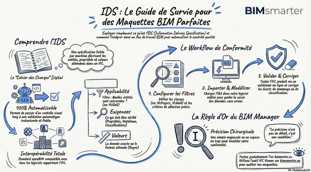 Schema de validation d'un modele IFC par un fichier IDS avec resultats de conformite