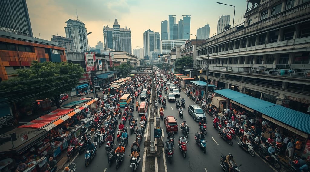 Immagine della città di Giacarta, con strade e scenari fortemente affollati