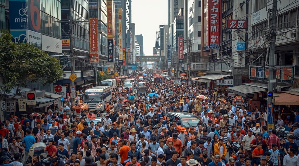 Immagine della città di Giacarta, con strade e scenari fortemente affollati.