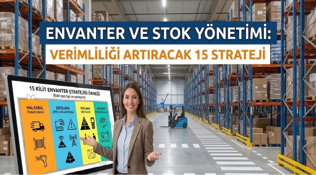 Envanter ve stok yönetimi verimliliğini artıracak 15 stratejiyi tanıtan bir blog kapak görseli