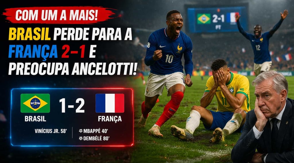 Com Um a Mais, Brasil Perde para a França 2-1 e Preocupa Ancelotti