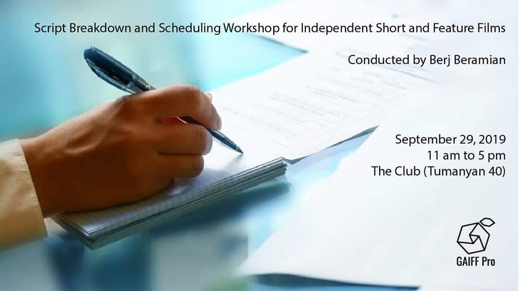 Script breakdown and scheduling workshop poster for independent films by GAIFF Pro.