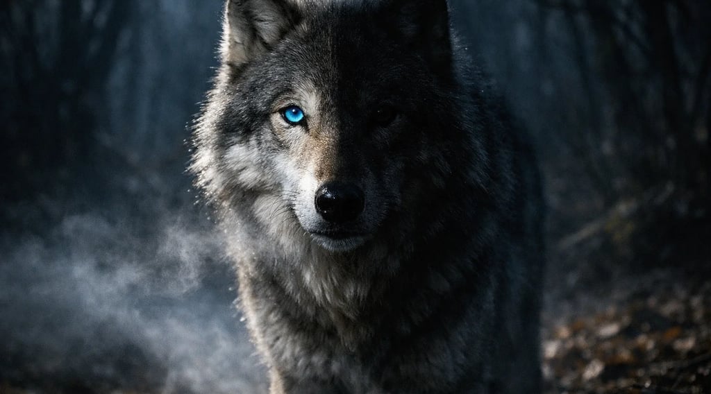 a wolf - like animal with blue eyes