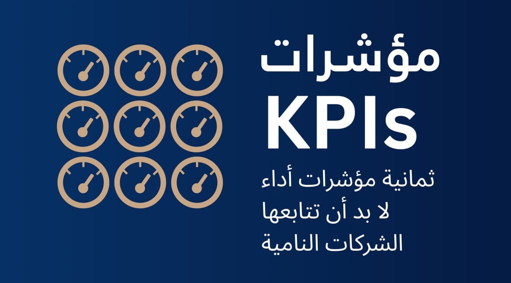مخطط مؤشرات الأداء KPIs: شبكة عدّادات قياس ذهبية على خلفية كحلية