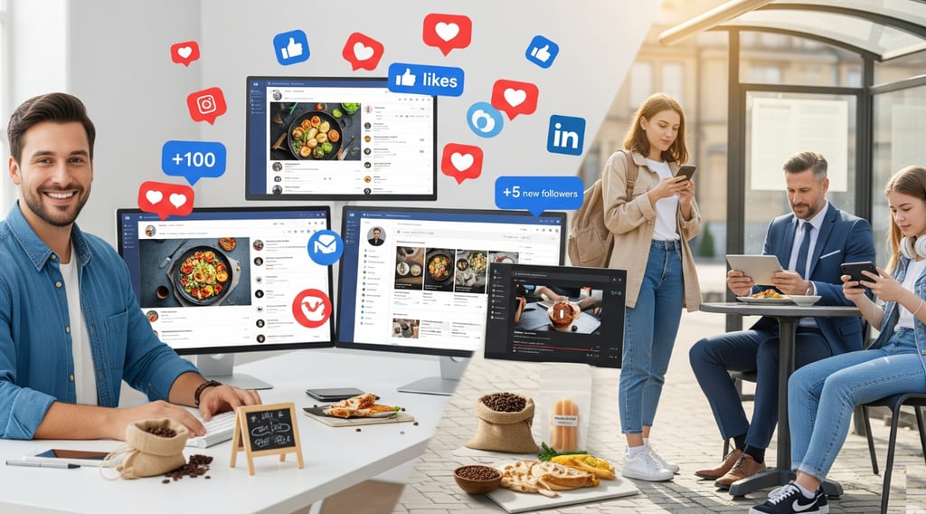 Split-screen showing a business owner on social media dashboards and customers using phones.