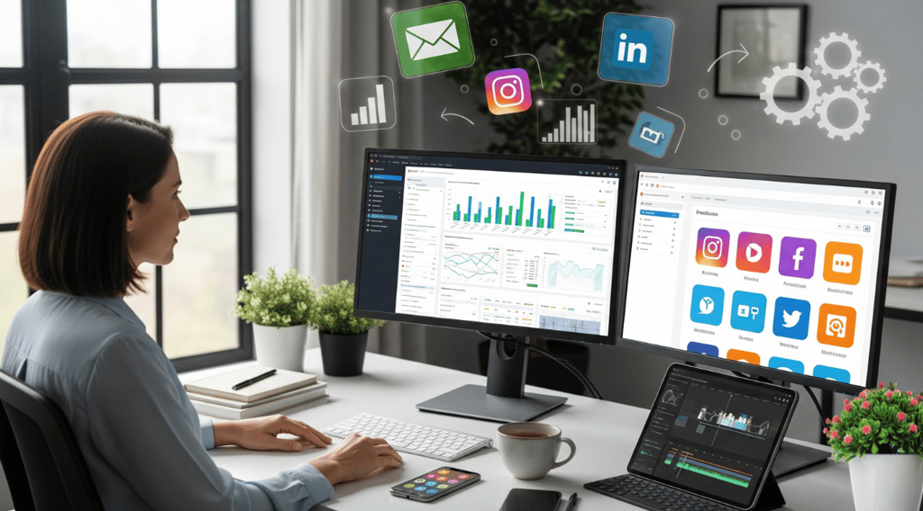 Woman at a modern desk with multiple monitors displaying marketing dashboards and tools.