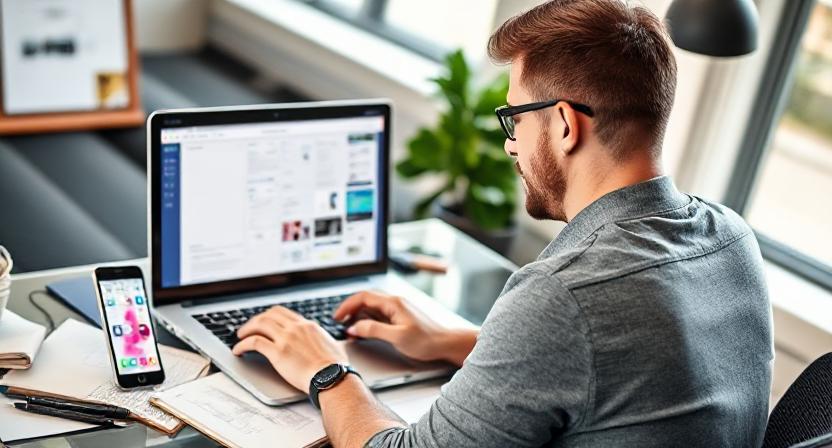 Man working on a no-code app on a laptop.