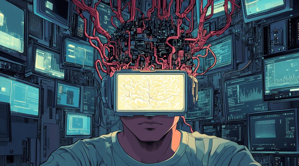 a man with a headphones on his head and a television set up in front