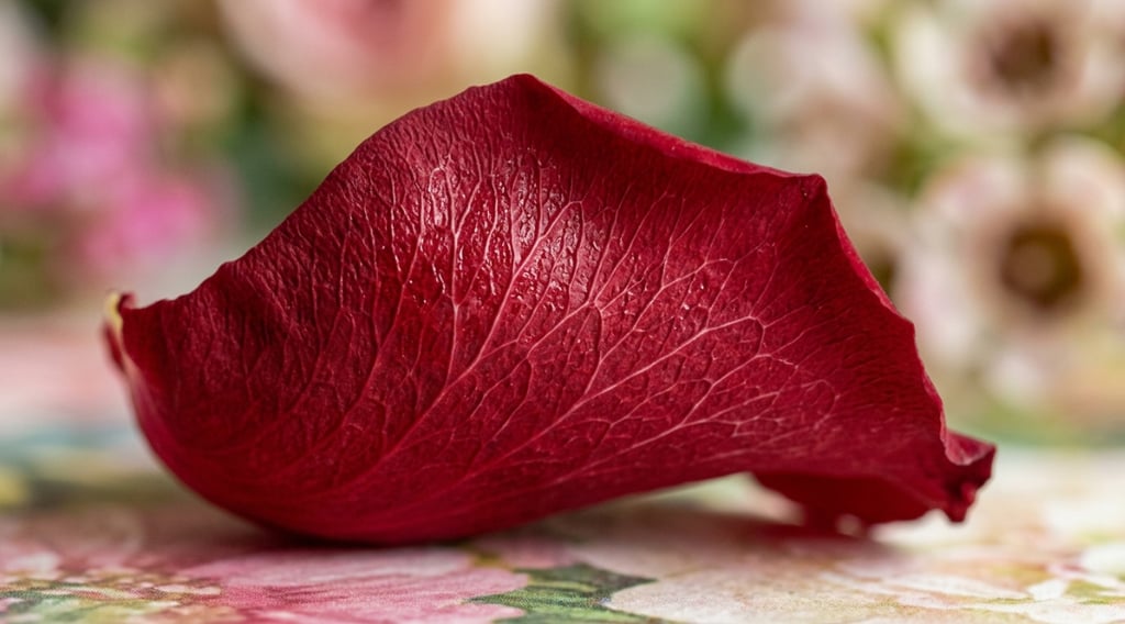 Macro of a preserved rose petal showing moisture-locking technology and fine cellular texture