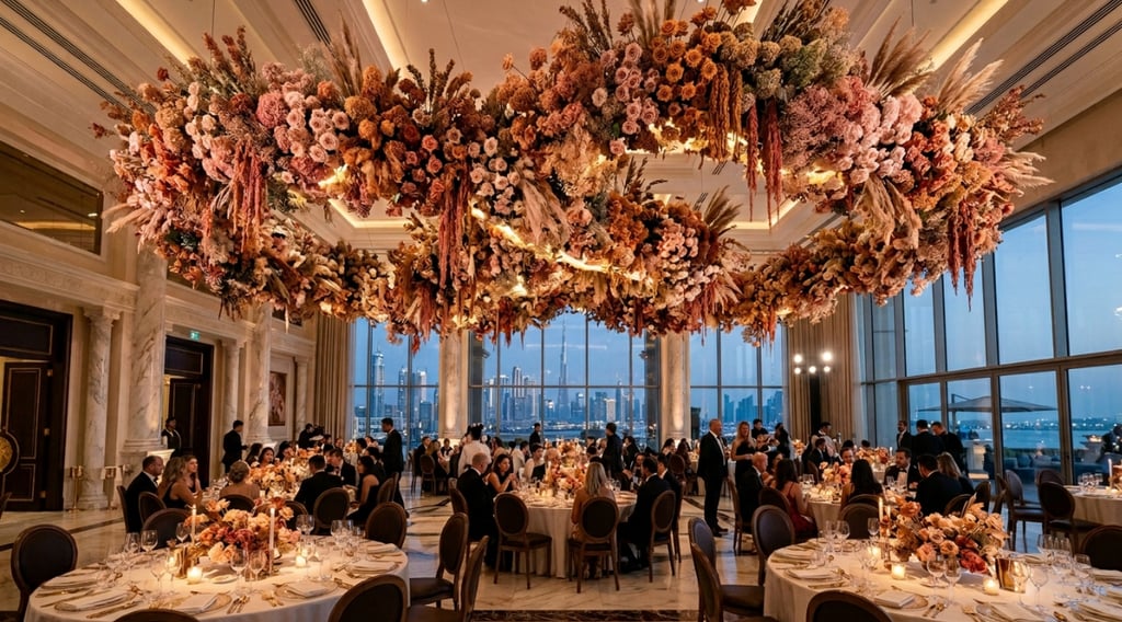 Luxury Dubai wedding hall with a massive floating floral ceiling made of preserved flowers