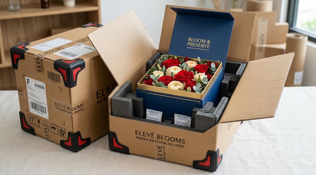 Premium preserved flowers in a shipping box with a suspension base and corner reinforcements
