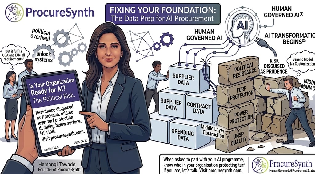 An infographic for ProcureSynth showing a woman holding a tablet about AI procurement and data preparation.