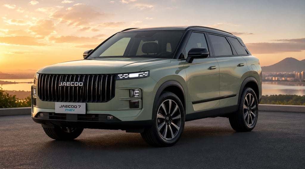 SUV Jaecoo 7 híbrido plug-in em destaque, fotografado de frente em ângulo lateral ao pôr do sol, com
