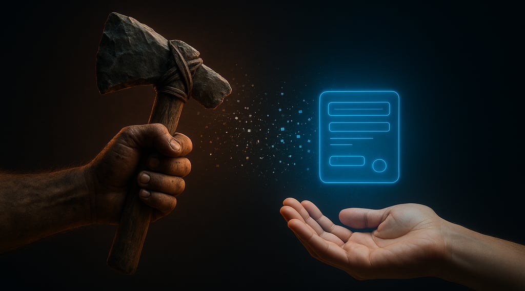 Una mano primitiva empuña un hacha de piedra junto a una mano abierta sobre la que flota un holograma de una app digital.