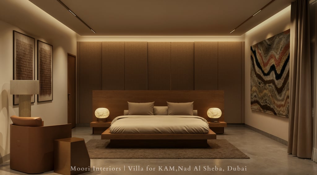 Desert modernism bedroom with natural materials, neutral colors, and minimalist design
