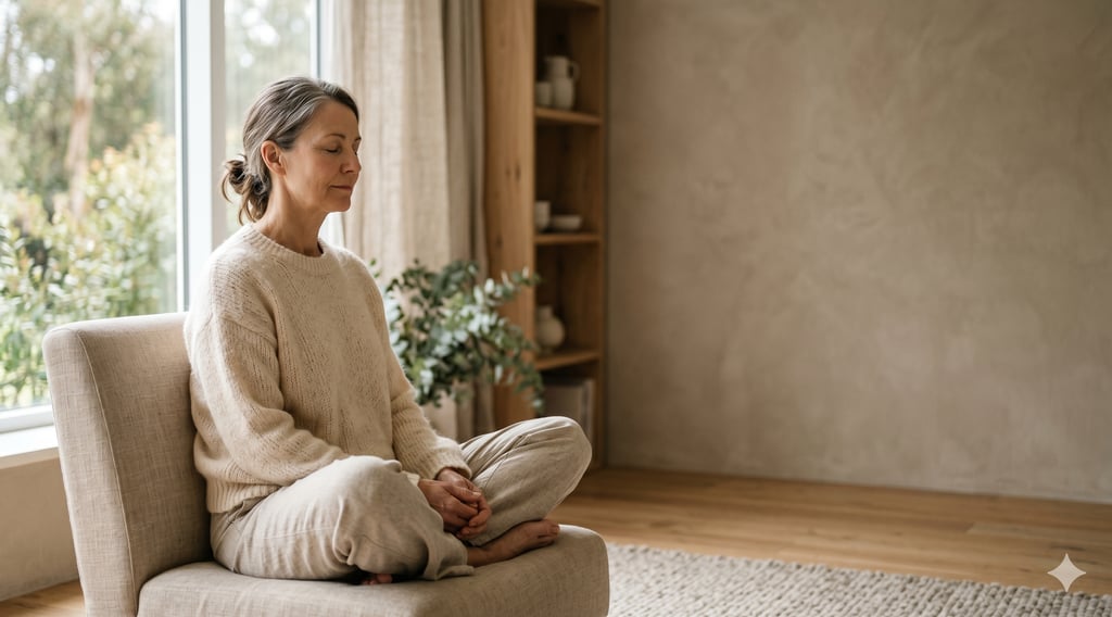 A mature woman practicing mindfulness meditation while sitting cross-legged on a chair in a bright, calm room.