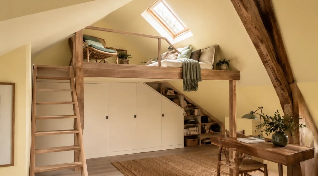 Mezzanine sous pente, ambiance cosy : fauteuil et canapé, murs jaunes, poutres bois, rangement et bureau