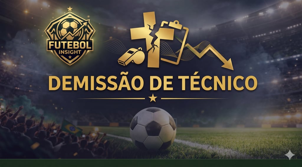 Banner do portal Futebol Insight com título "Demissão de Técnico", ícone de prancheta, apito e logotipo dourado.