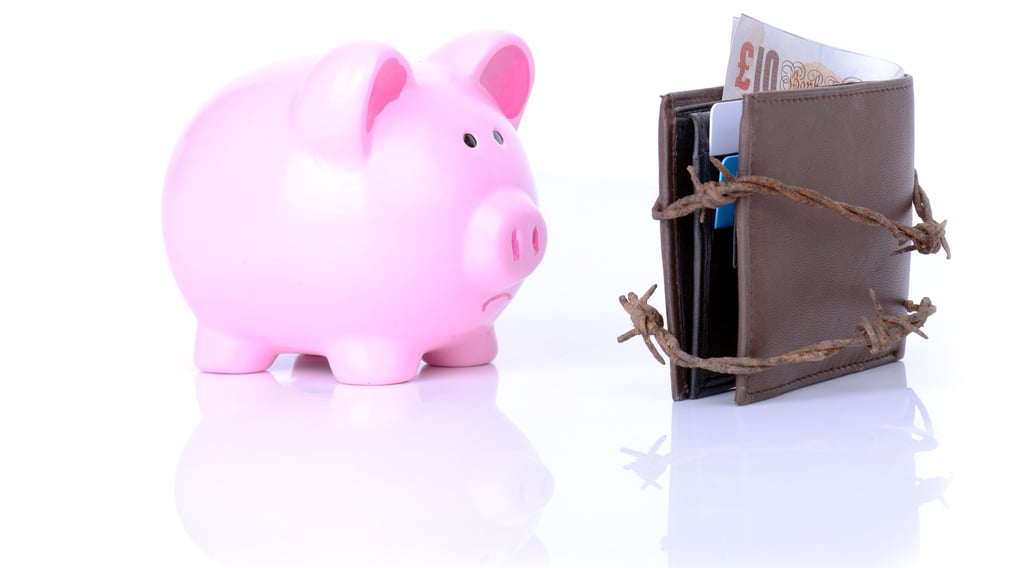 an unhappy piggy bank looking at a wallet which is kept closed by barbed wire