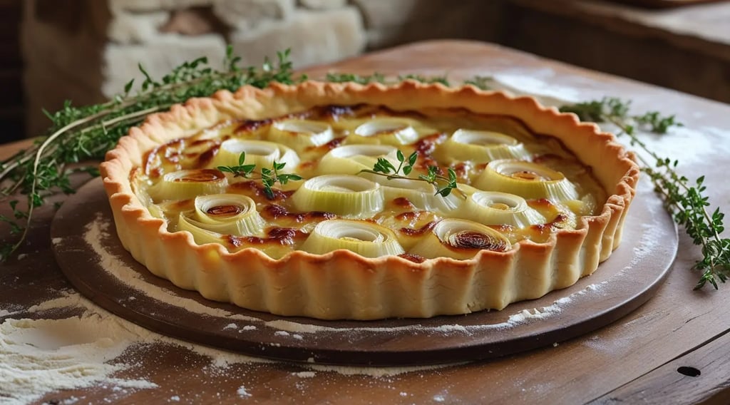 Golden savory leek tart garnished with fresh thyme sprigs served on a round board with dusted flour