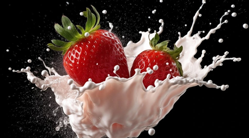 Fresh strawberries splashing into cream on a black background