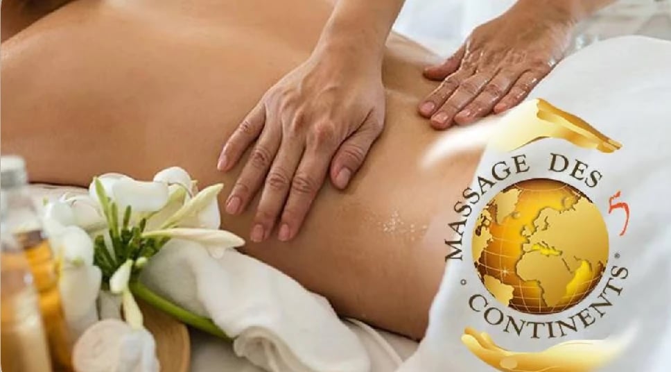 Massage du dos avec le logo du Massage des 5 Continents en surimpression.