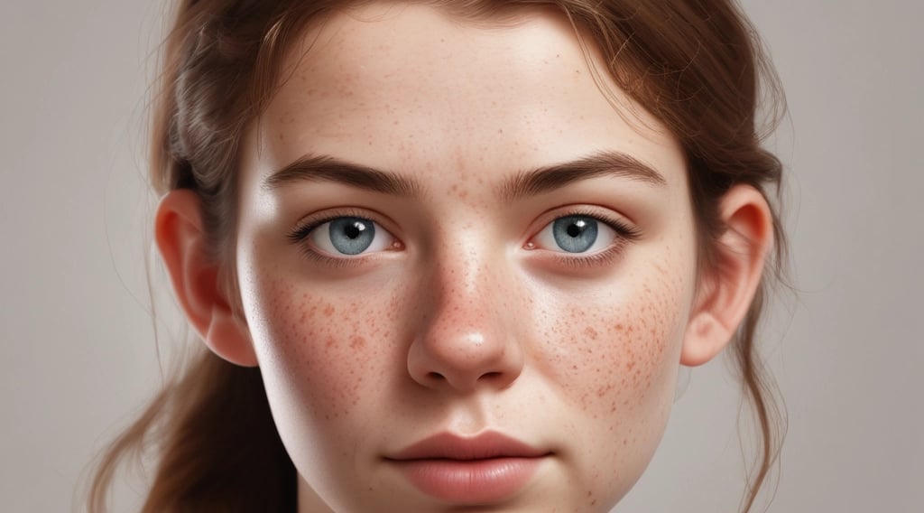 A young woman with freckles on her face