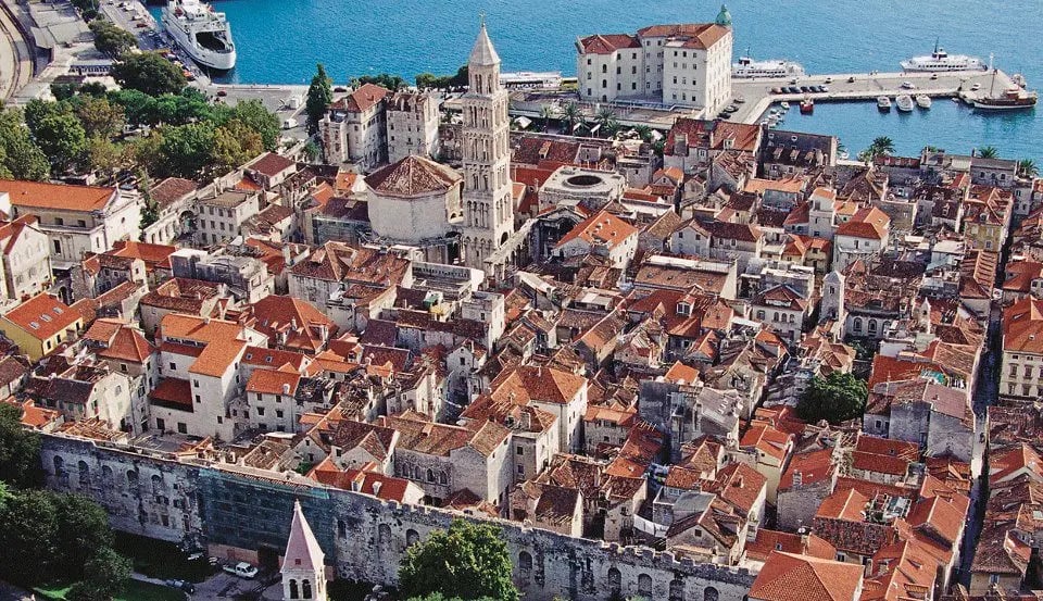 Aerial view of Split old town with Diocletian’s Palace, Saint Domnius Cathedral and the harbour