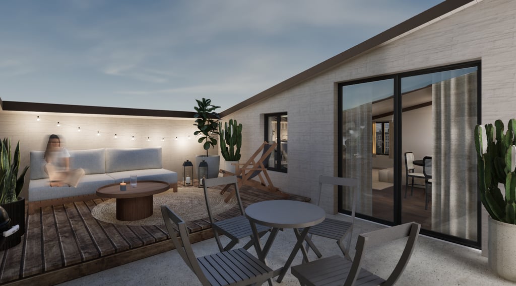Terrasse confortable d'appartement avec un espace détente et repas